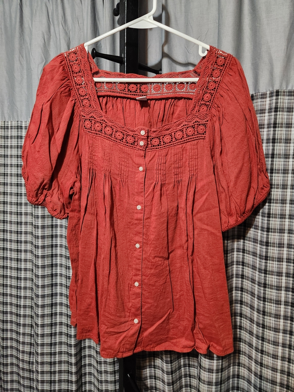 Old Navy Burnt Orange Peasant Button-Front Top with Crochet Trim